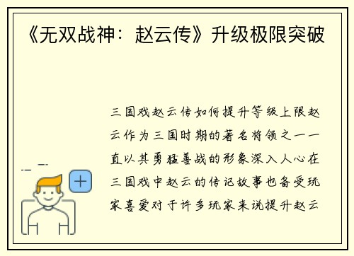 《无双战神：赵云传》升级极限突破