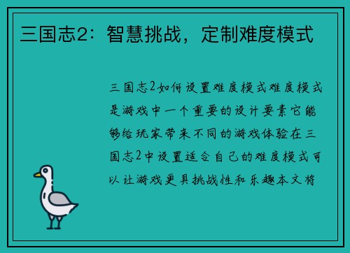 三国志2：智慧挑战，定制难度模式